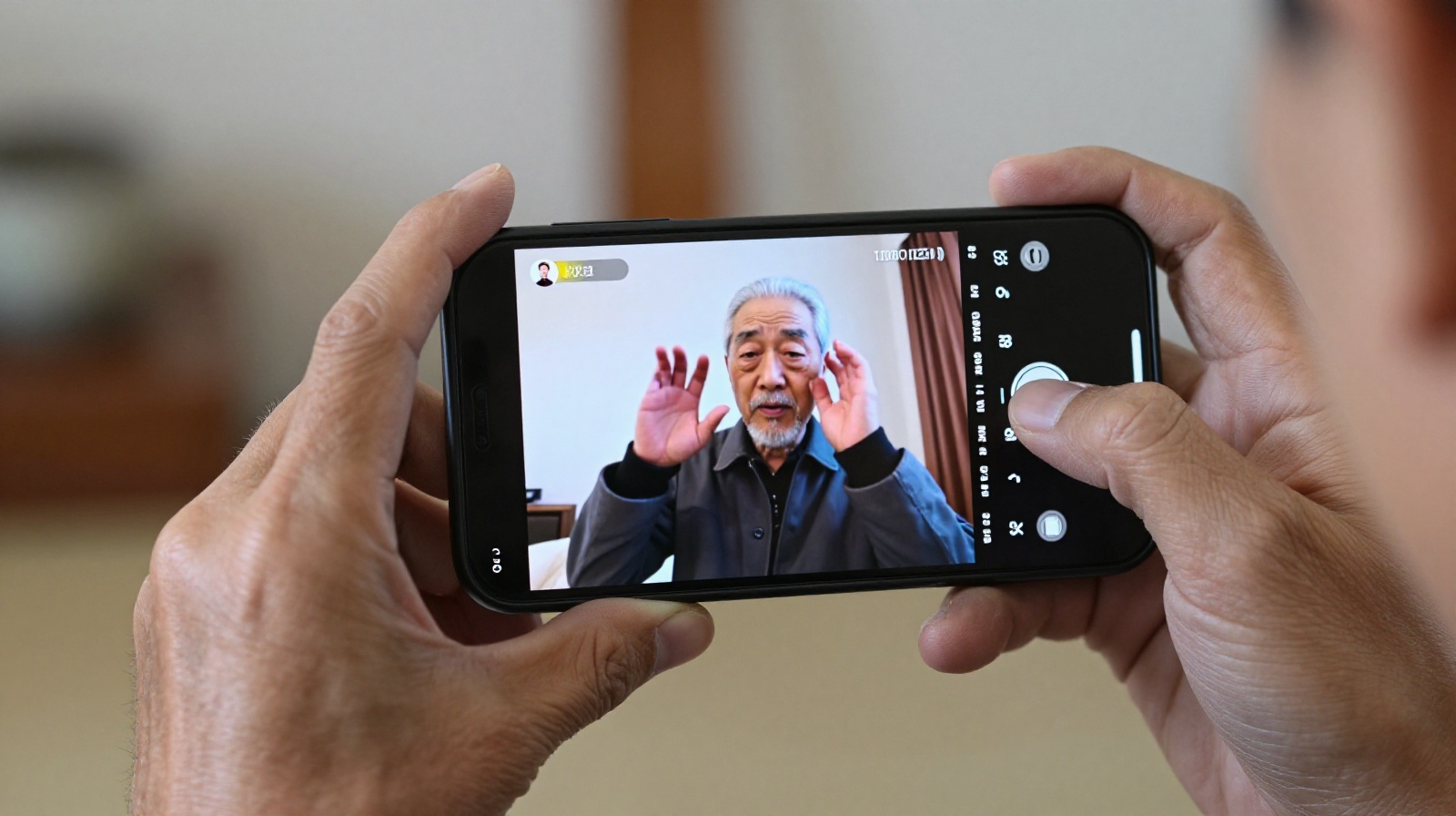 Close-up of an elderly Chinese man's hands holding a smartphone to record a live stream video, showing active engagement with digital technology.