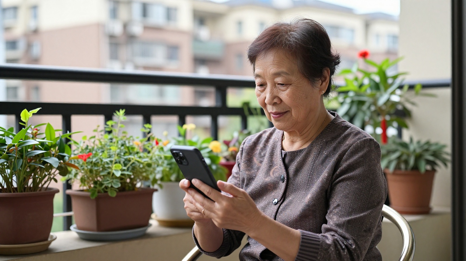Portrait of a retired Chinese nurse smiling while checking comments on her social media app on a sunny balcony.