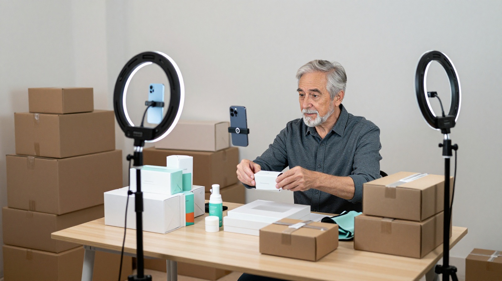An elderly influencer arranging products for a live-streaming sales session in his home studio.