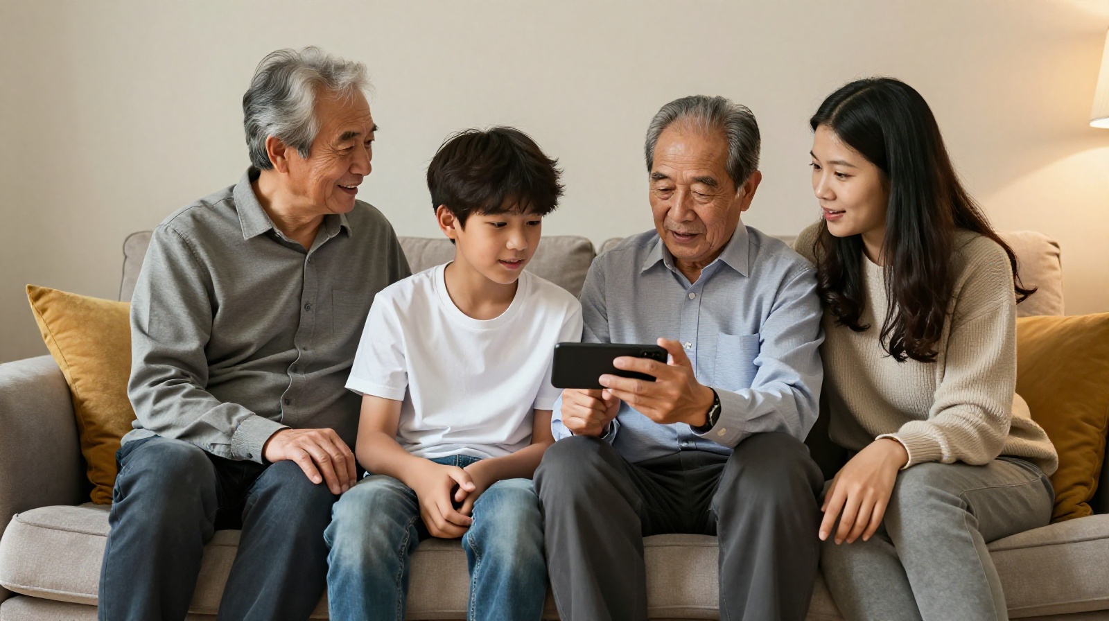 A multi-generational Chinese family interacting with a smartphone, highlighting the bridge between traditional values and modern technology.