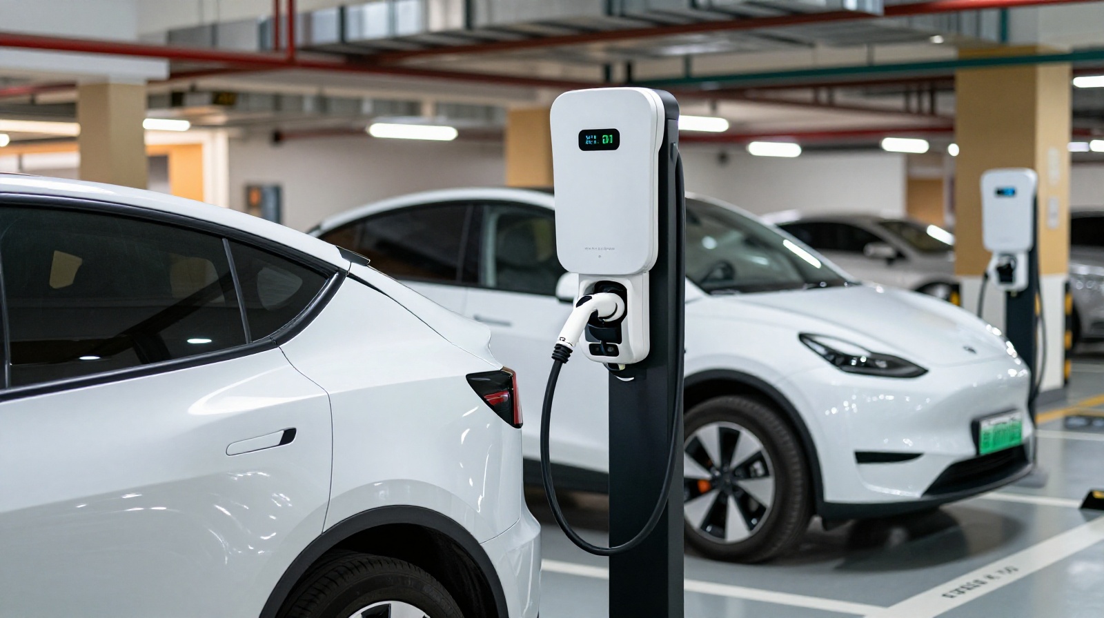 An electric vehicle charging at a public charging pile inside a modern shopping mall parking garage in China