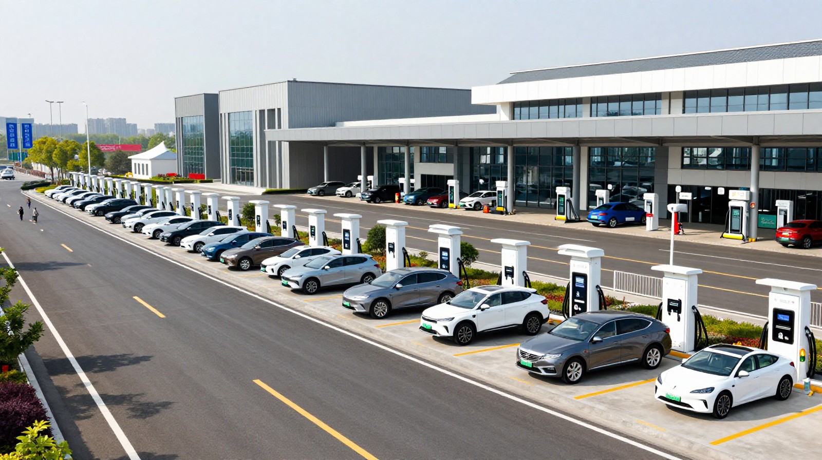 Electric vehicles queuing at a high-capacity charging hub in a highway service area in China