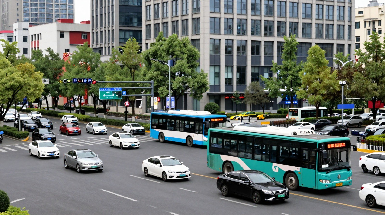 Busy street scene in a Chinese city with electric buses and private EVs, showcasing sustainable urban mobility