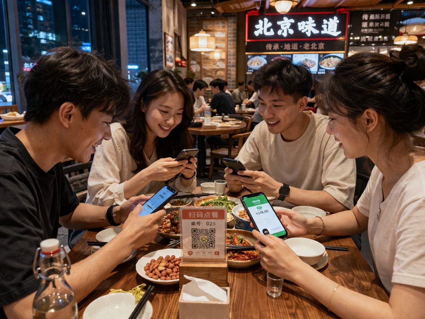 Diners using mobile apps to order and pay for food in a Chinese restaurant