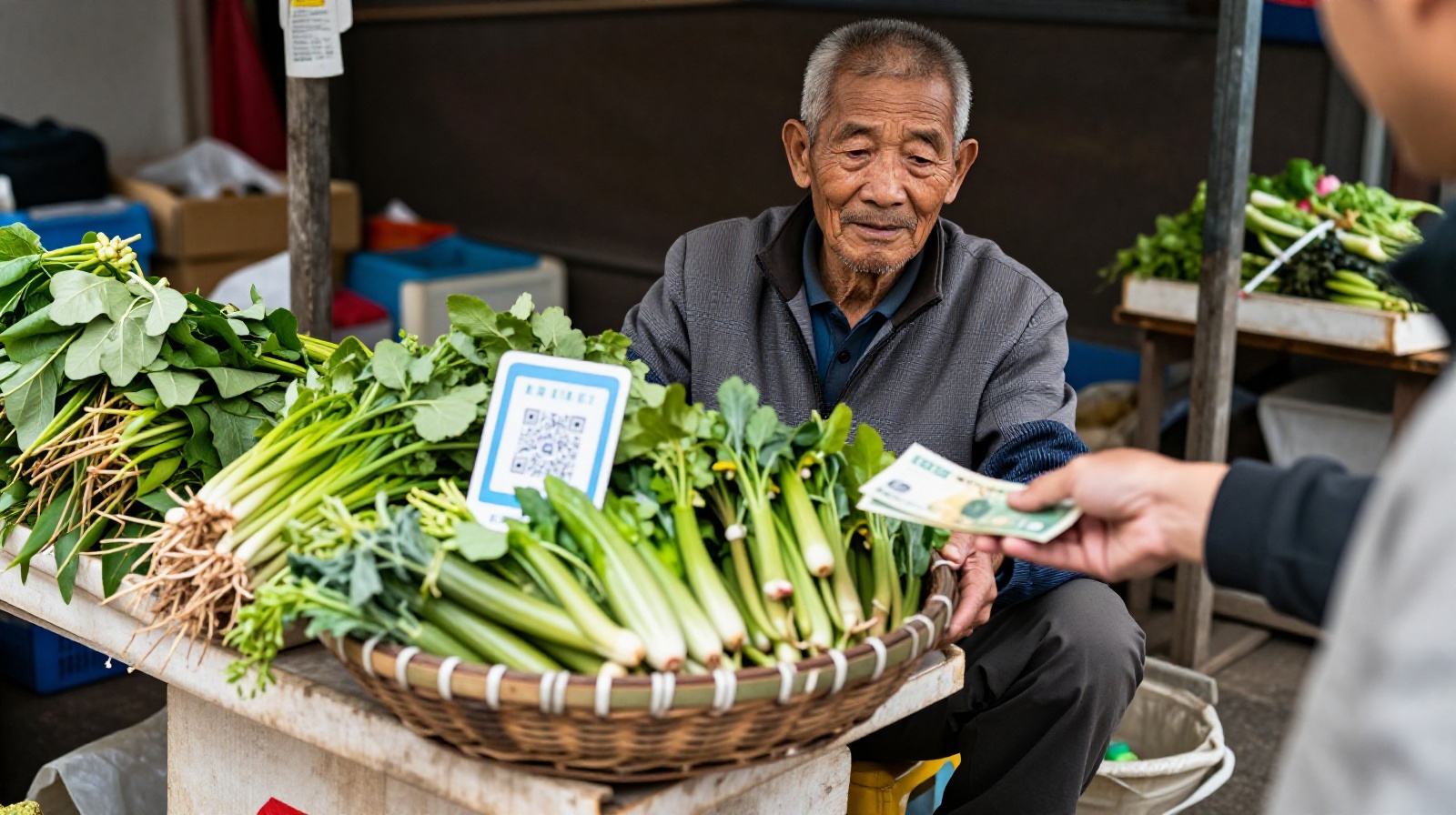 Traditional cash transaction at a rural Chinese market where digital payments are less common