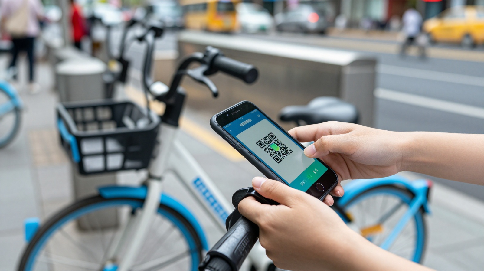 A close-up view of a commuter scanning a QR code to unlock a shared electric bike in a Chinese city, highlighting the digital ease of modern urban mobility.