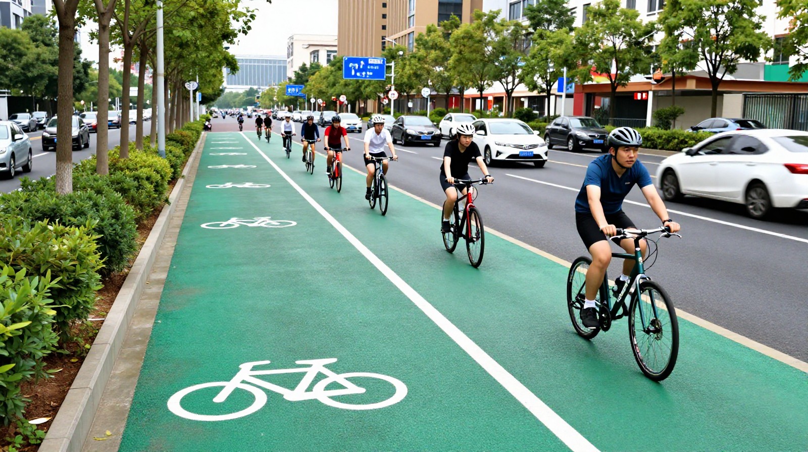 Cyclists using a dedicated green bike lane in a modern Chinese metropolis, showing the integration of shared mobility into urban infrastructure.
