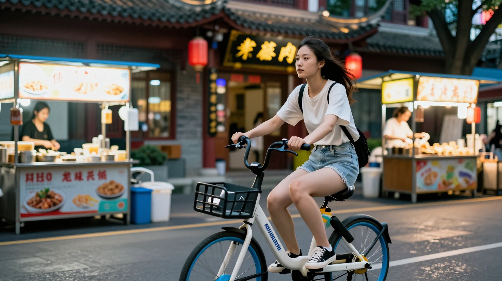 A young professional riding a shared bike through a bustling night market in Shenzhen, illustrating how mobility extends into evening leisure activities.