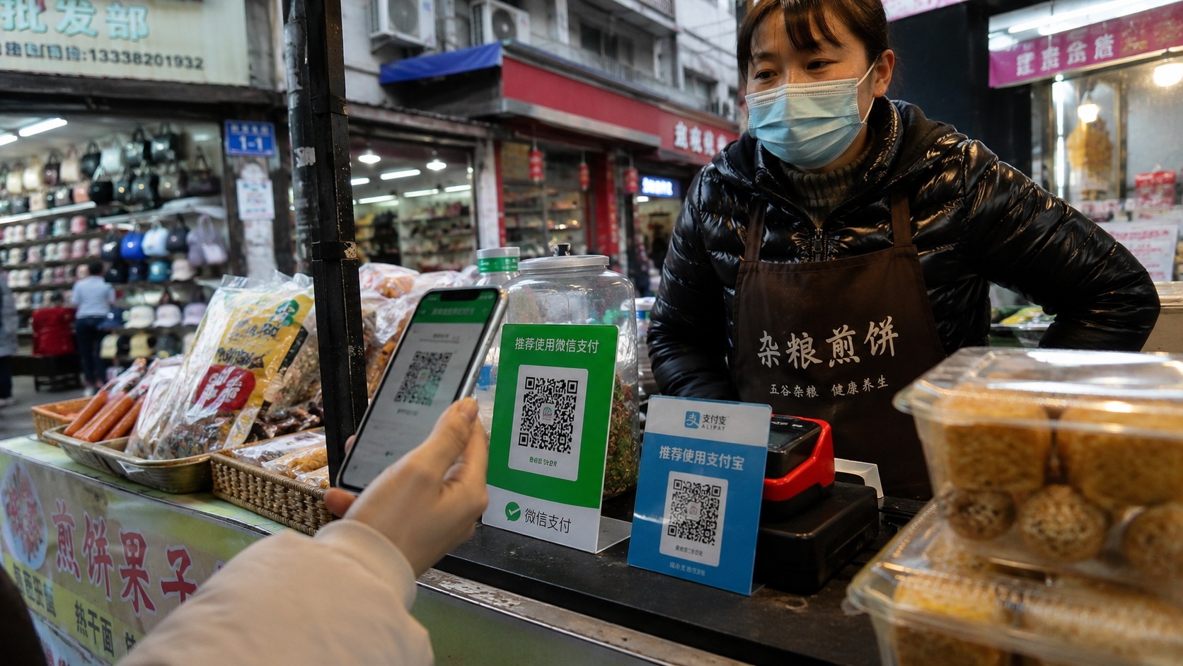 Street vendor in China using printed QR code signs for mobile payments as a customer scans with a smartphone