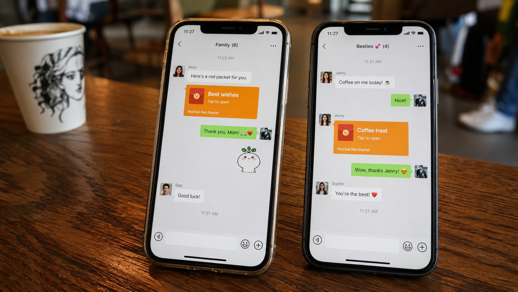 Close up of smartphones showing WeChat chat interface with digital red packet notifications during social gathering