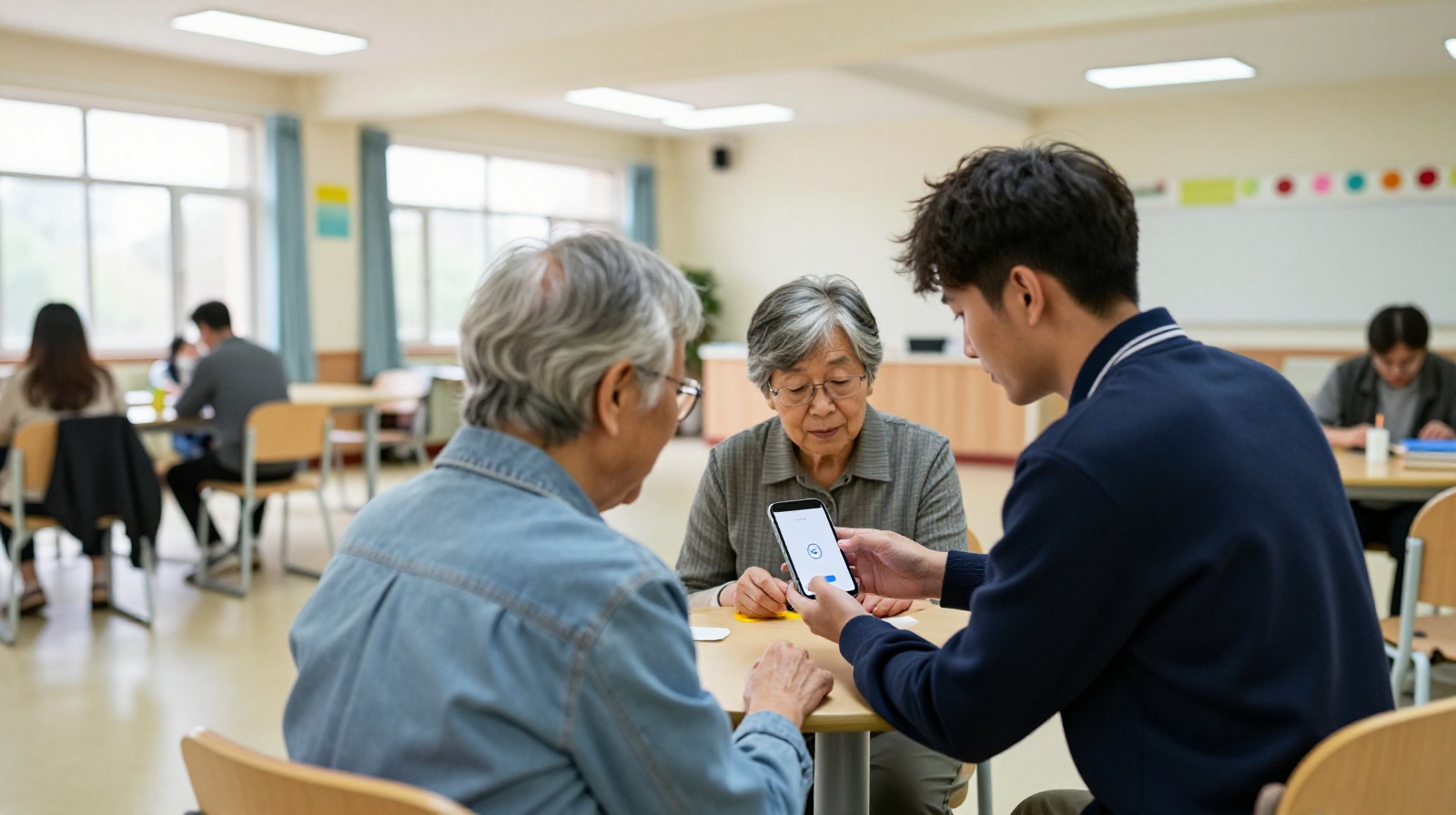 Elderly citizen getting help with a simplified mobile app interface at a community service desk
