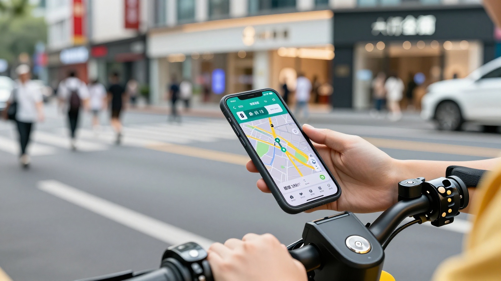 A food delivery rider in China checking route timing on a smartphone mounted to an electric bike handlebar, illustrating algorithmic time management in urban gig work.