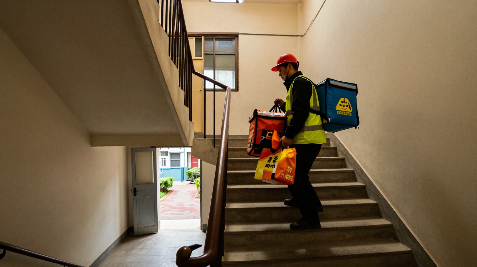 A China delivery rider climbing stairs to deliver food to an apartment without an elevator, highlighting the physical demands of urban logistics in dense neighborhoods.