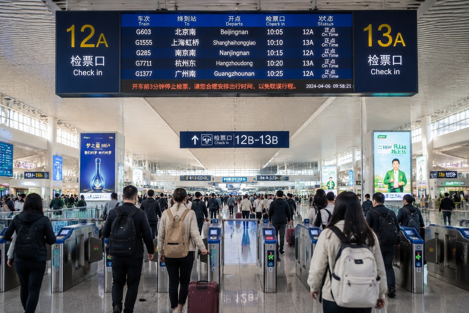 Spacious and clean interior of a modern Chinese high-speed rail station with digital departure boards and travelers passing through automatic gates.