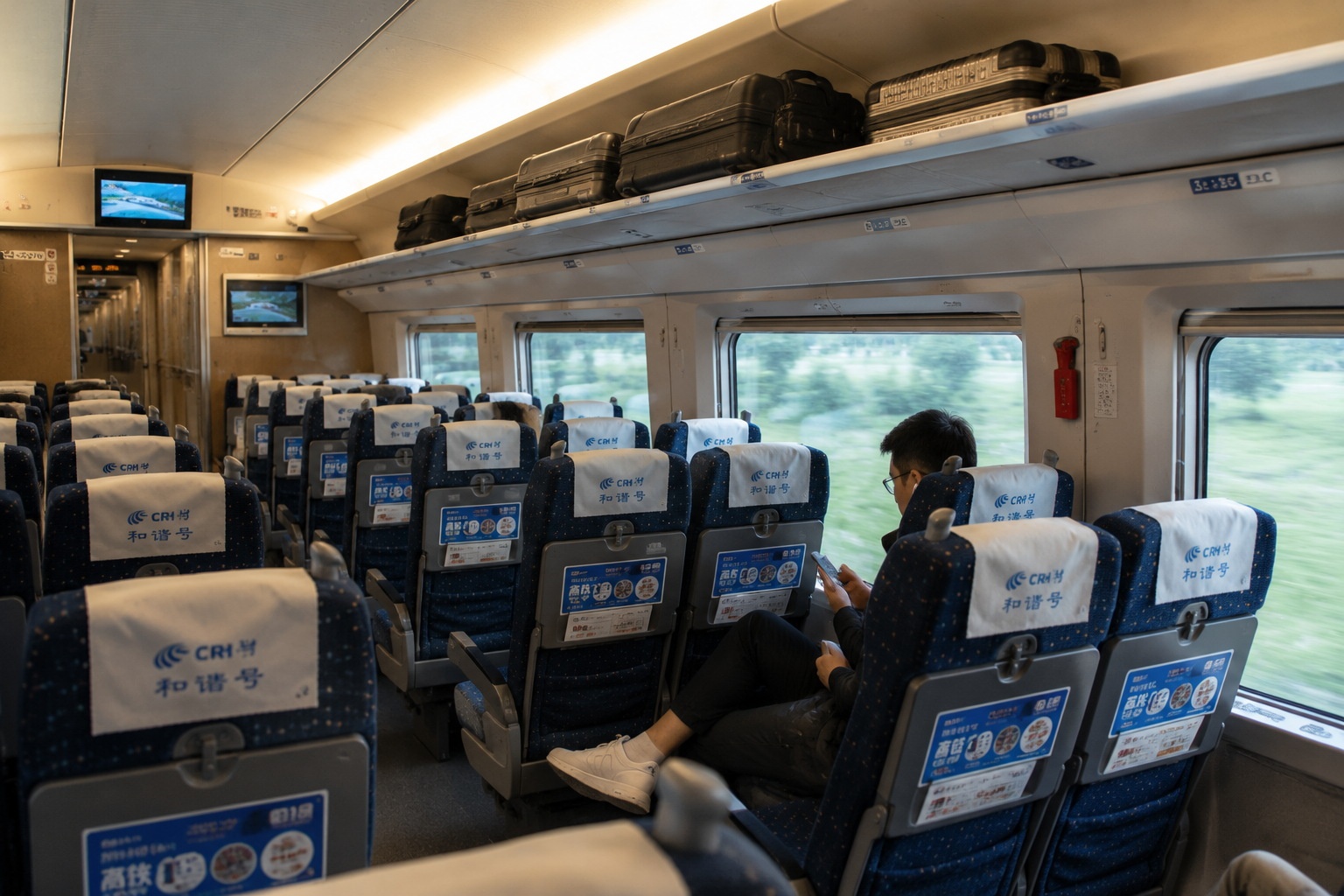 Interior view of a Chinese high-speed train second-class carriage, showing spacious seating and overhead luggage racks.