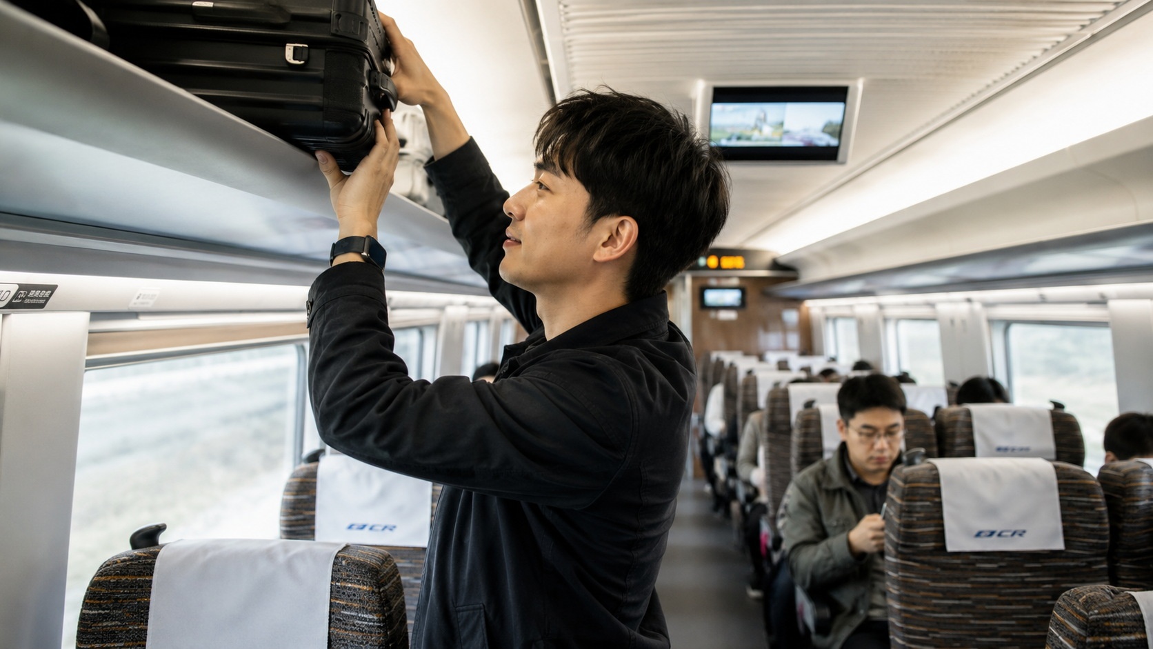 A traveler placing a suitcase into the overhead luggage rack on a Chinese high-speed train.