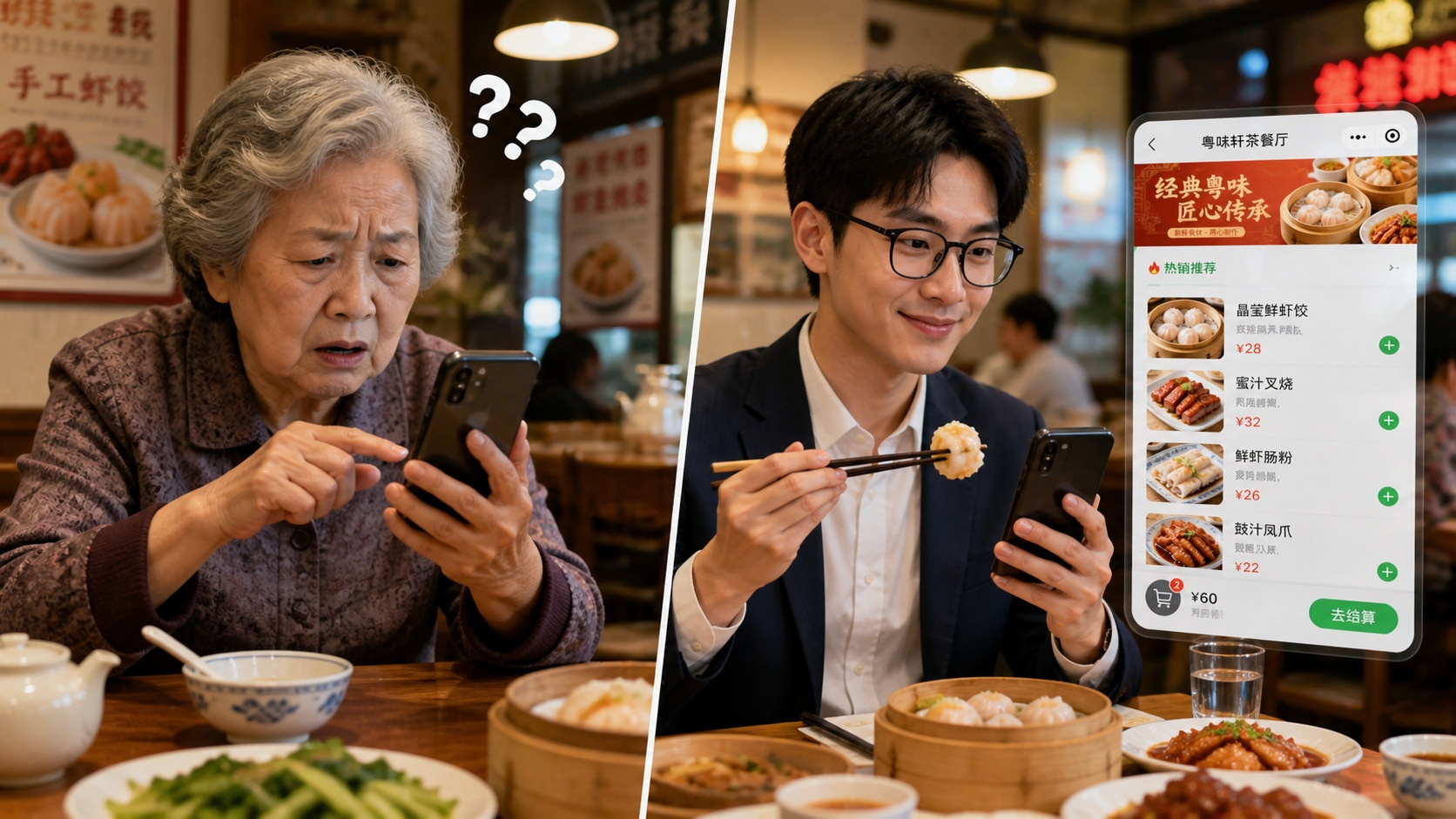Contrasting experiences of digital dining in China: an elderly diner struggling with technology versus a young professional using it efficiently.
