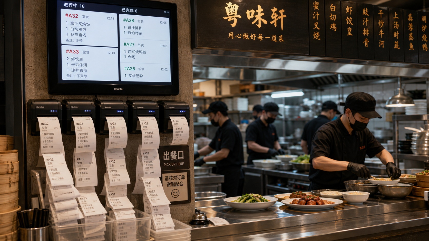 Thermal printers churning out digital orders in a busy Chinese restaurant kitchen, illustrating automation.