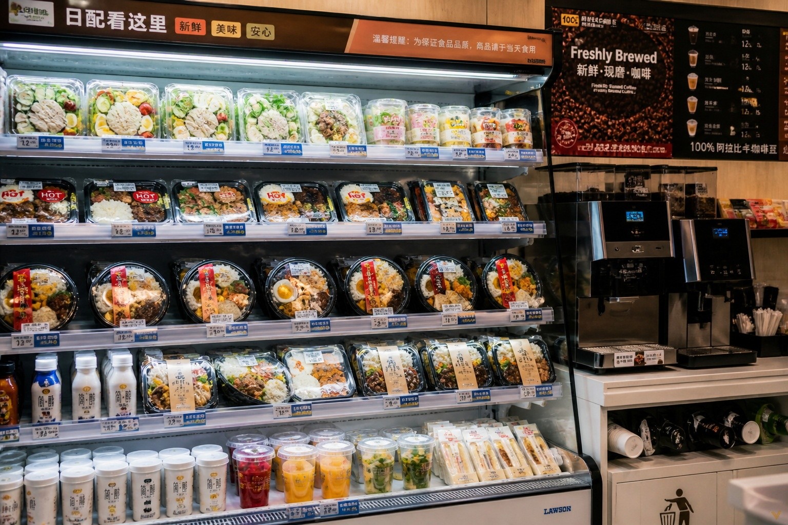 Interior view of a Chinese convenience store shelf displaying fresh ready-to-eat meals and beverages under bright lights