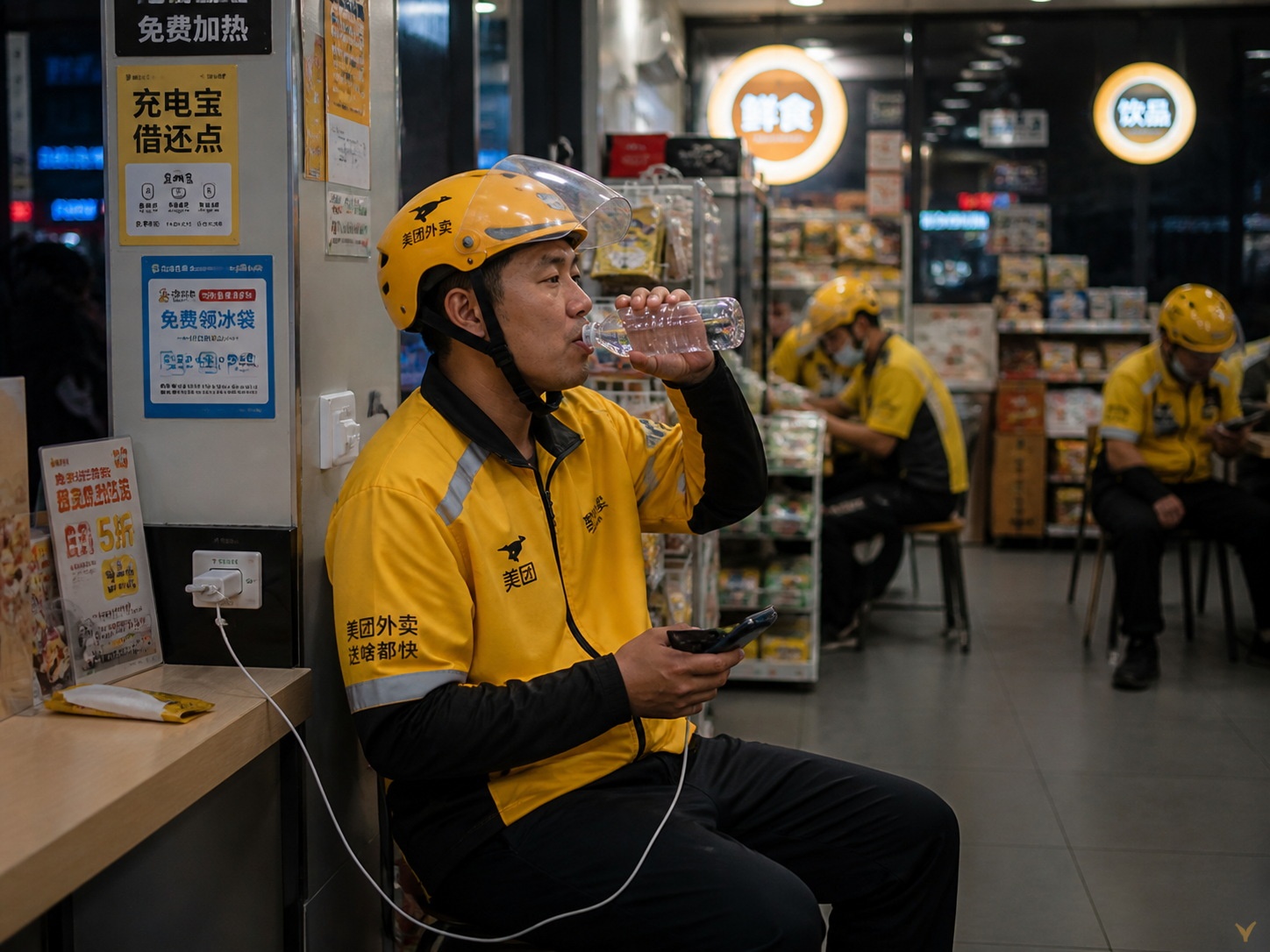 Delivery rider resting inside a 24-hour convenience store during late night hours
