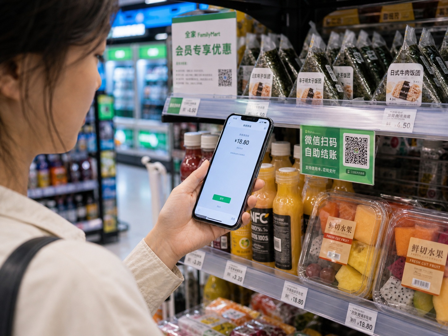 Customer using mobile payment app to scan product code in a convenience store