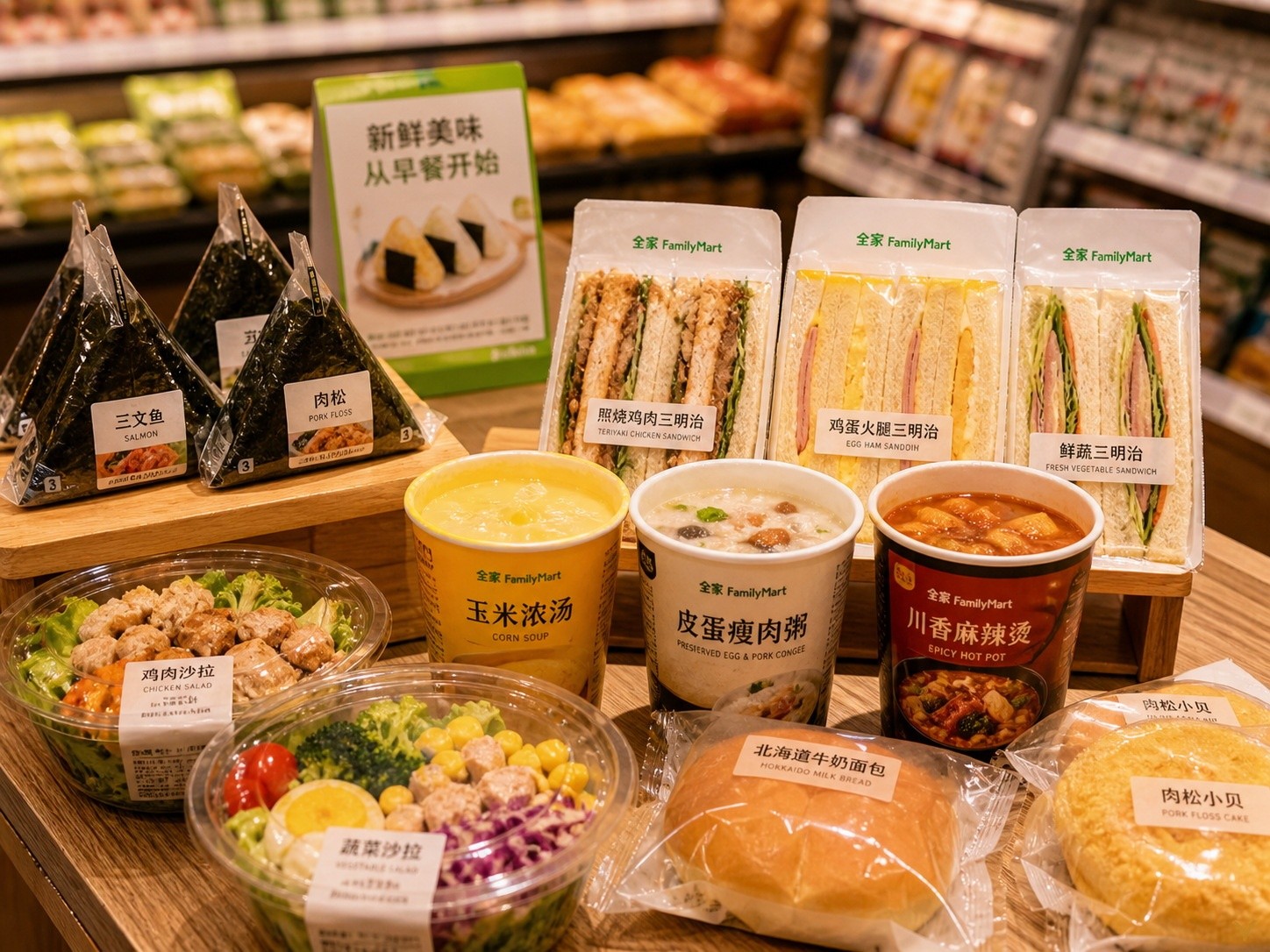 Assortment of fresh ready-to-eat meals and snacks available in Chinese convenience stores