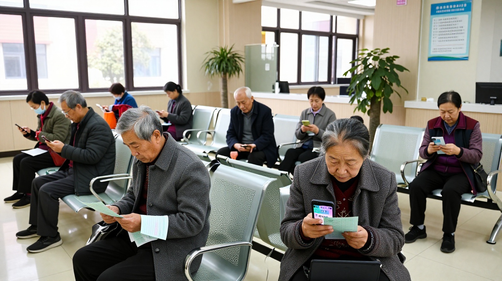 Elderly patients waiting in a Chinese community clinic using smartphones with accessibility features enabled