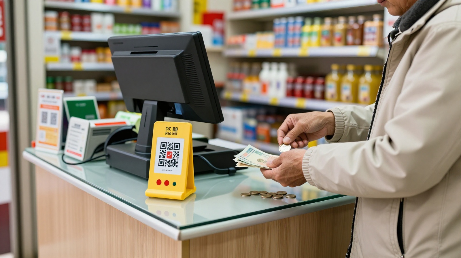 An elderly customer using cash at a neighborhood store counter next to a mobile payment QR code