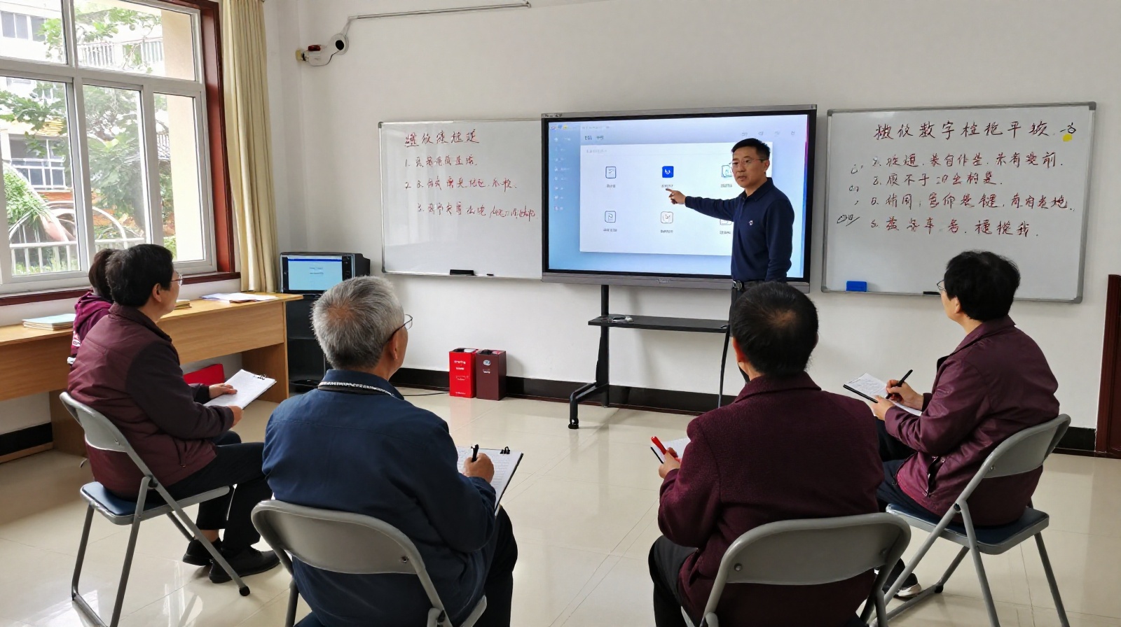 Community volunteers teaching smartphone skills to older adults in a neighborhood center