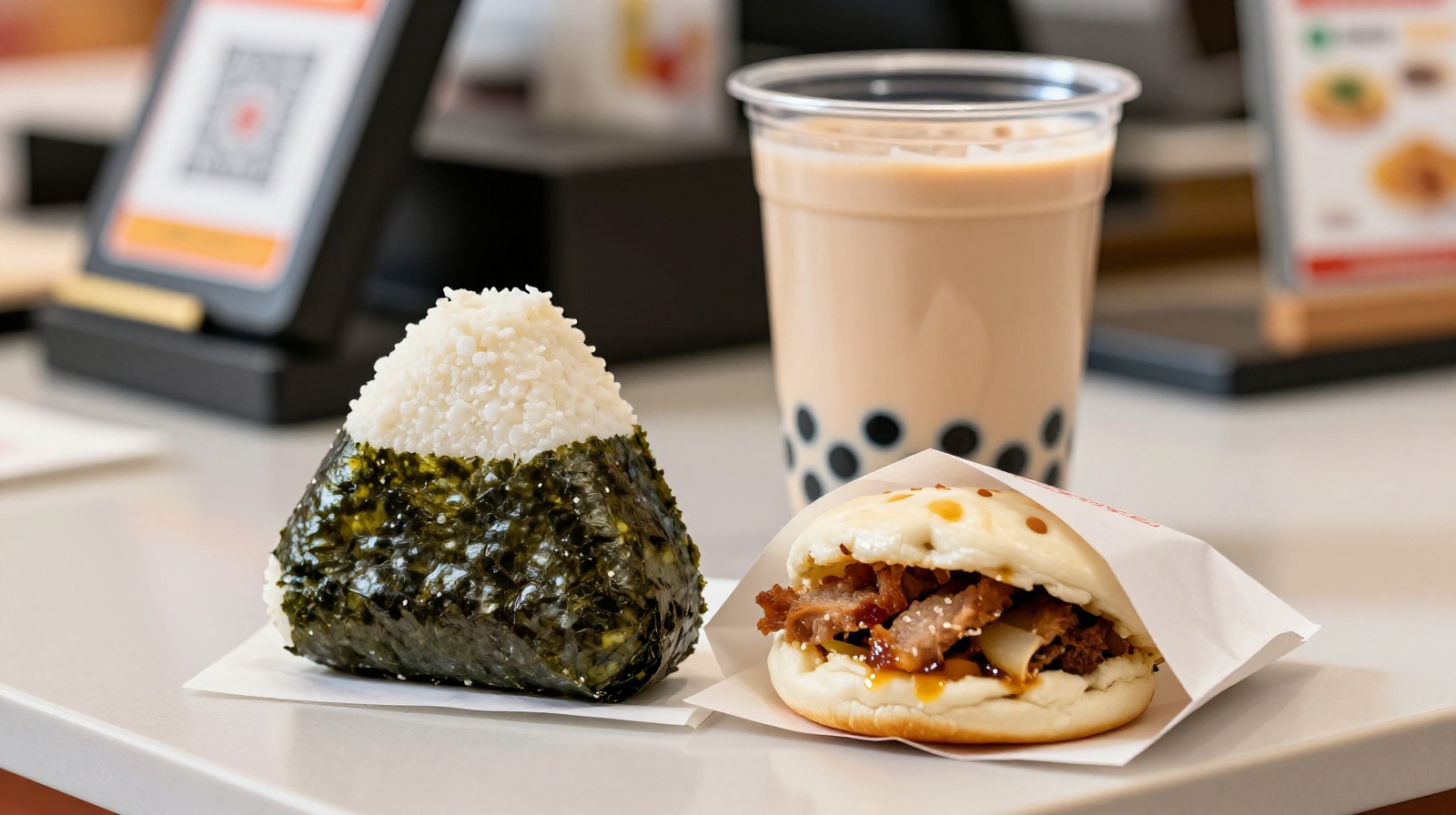 A convenience store breakfast combo featuring an onigiri, steamed bun, and bubble tea ready for purchase by young commuters.