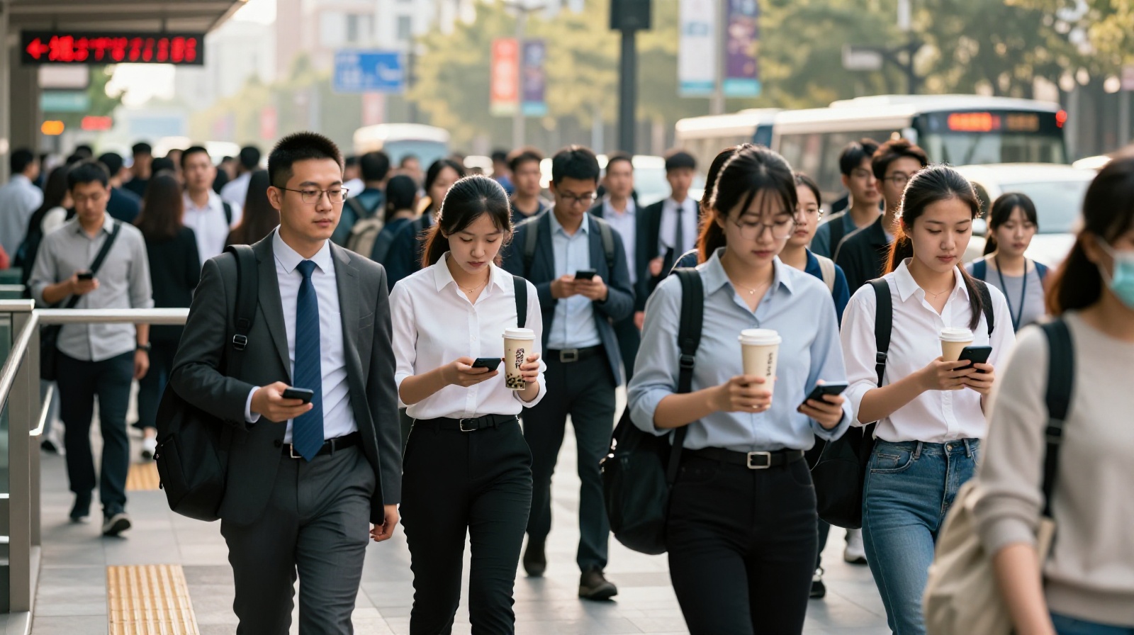 Young professionals in a Chinese city rushing to work, drinking bubble tea and coffee during morning commute.