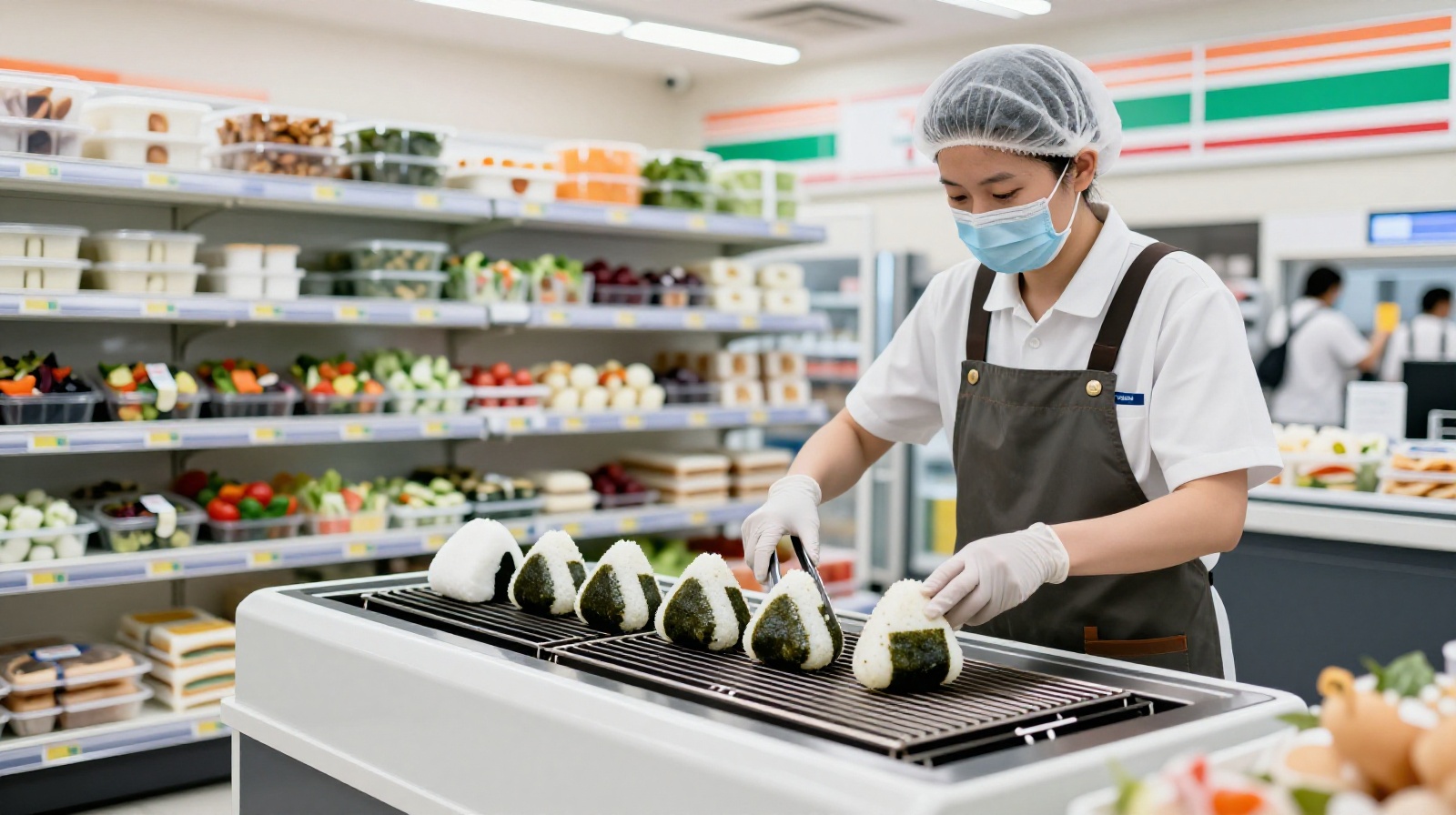 Staff preparing fresh onigiri in a modern Chinese convenience store kitchen area.