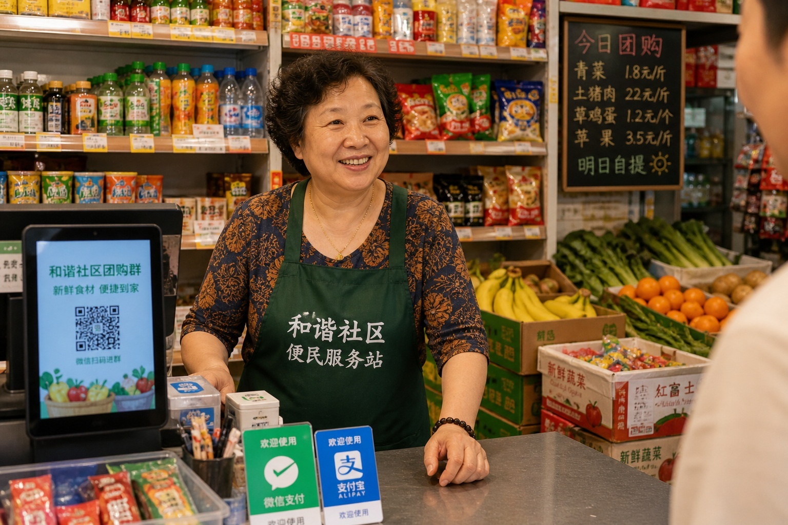 A Chinese female Tuanzhang (group leader) managing a neighborhood pickup point inside a local convenience store