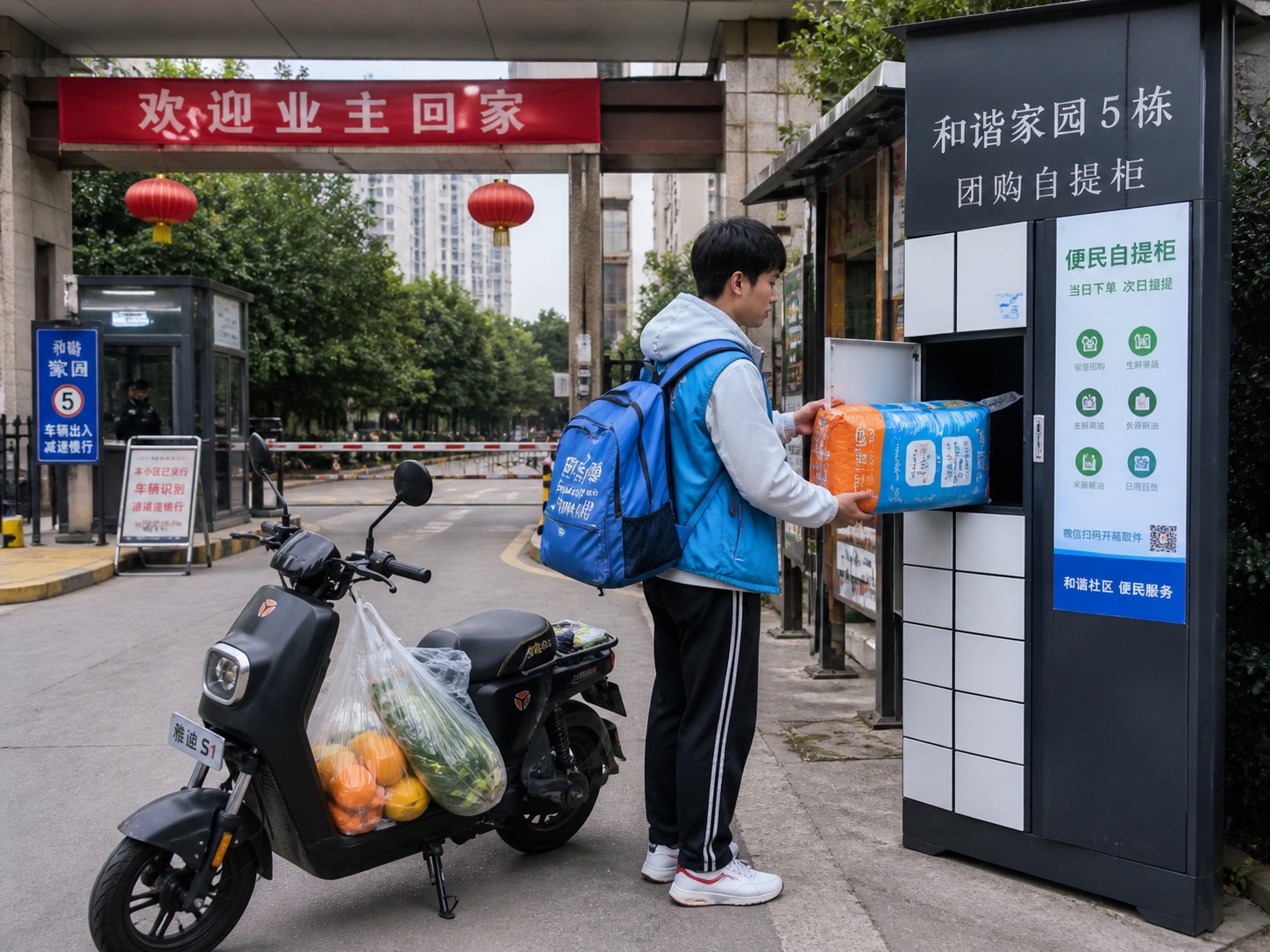 A gig worker delivering community group buying orders to a residential pickup point in China