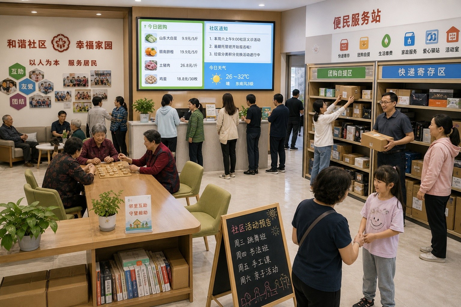 Residents interacting at a community hub that serves as a pickup point and social space in China