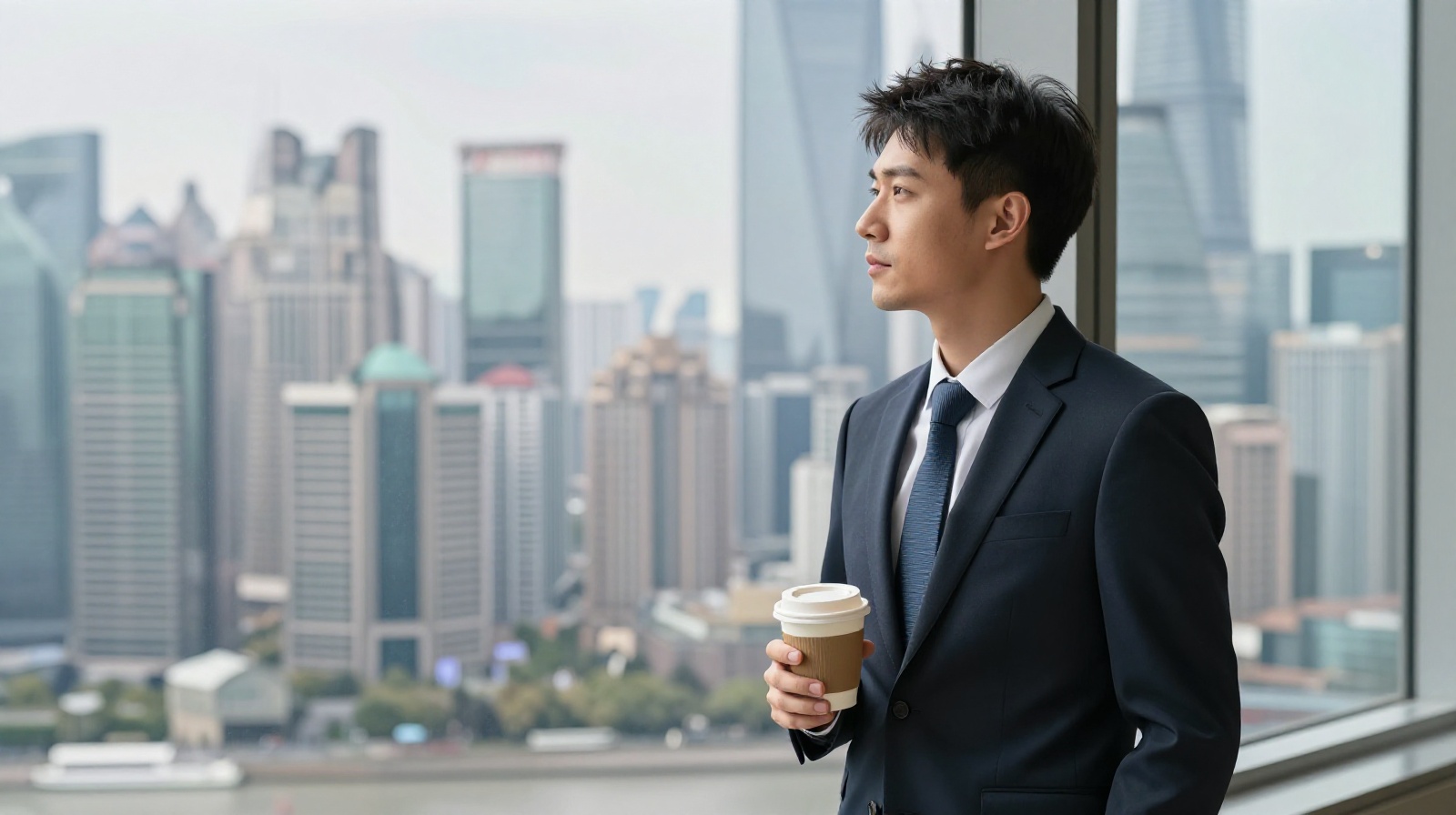 Young professional contemplating life in Shanghai high-rise apartment overlooking city skyline