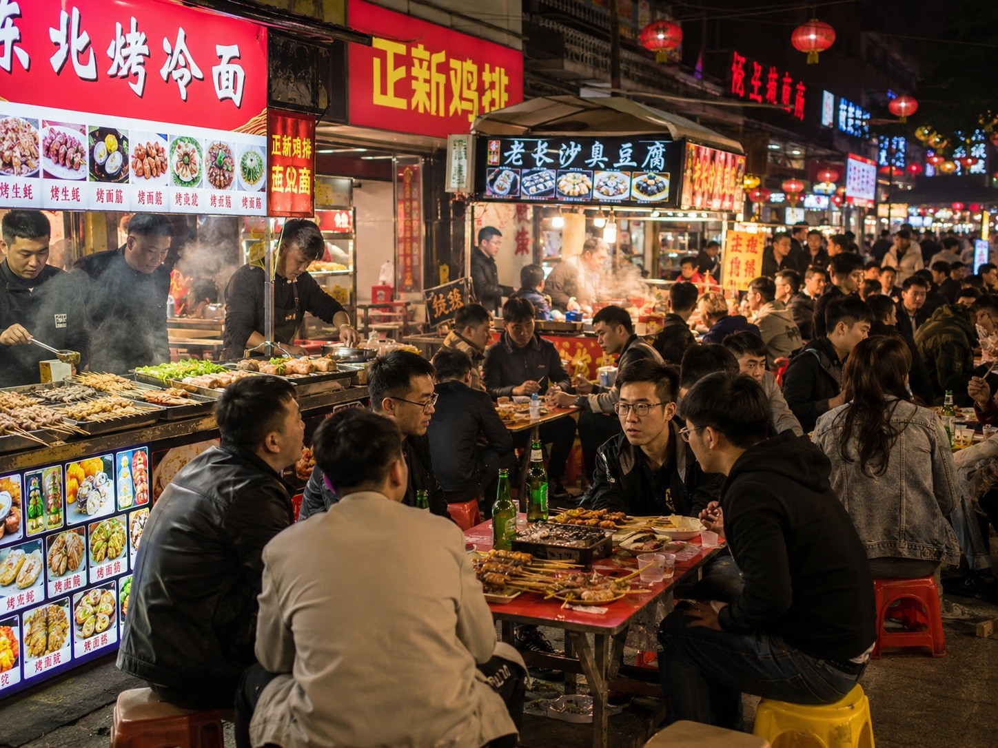 Bustling night market with street food and locals socializing in Zhengzhou