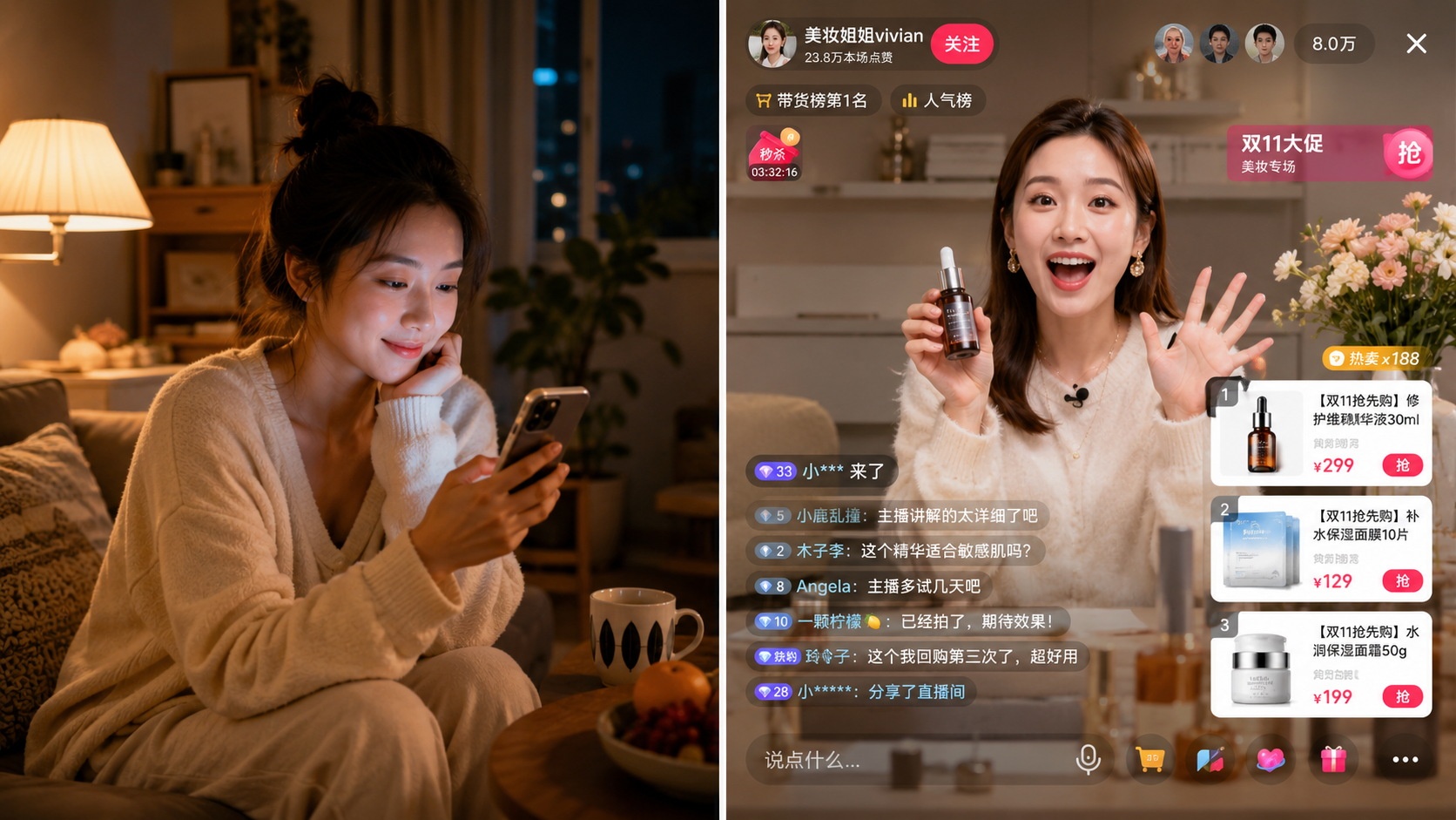A young Chinese woman in her living room engaged in live stream shopping, watching her smartphone screen which displays an active sales broadcast.