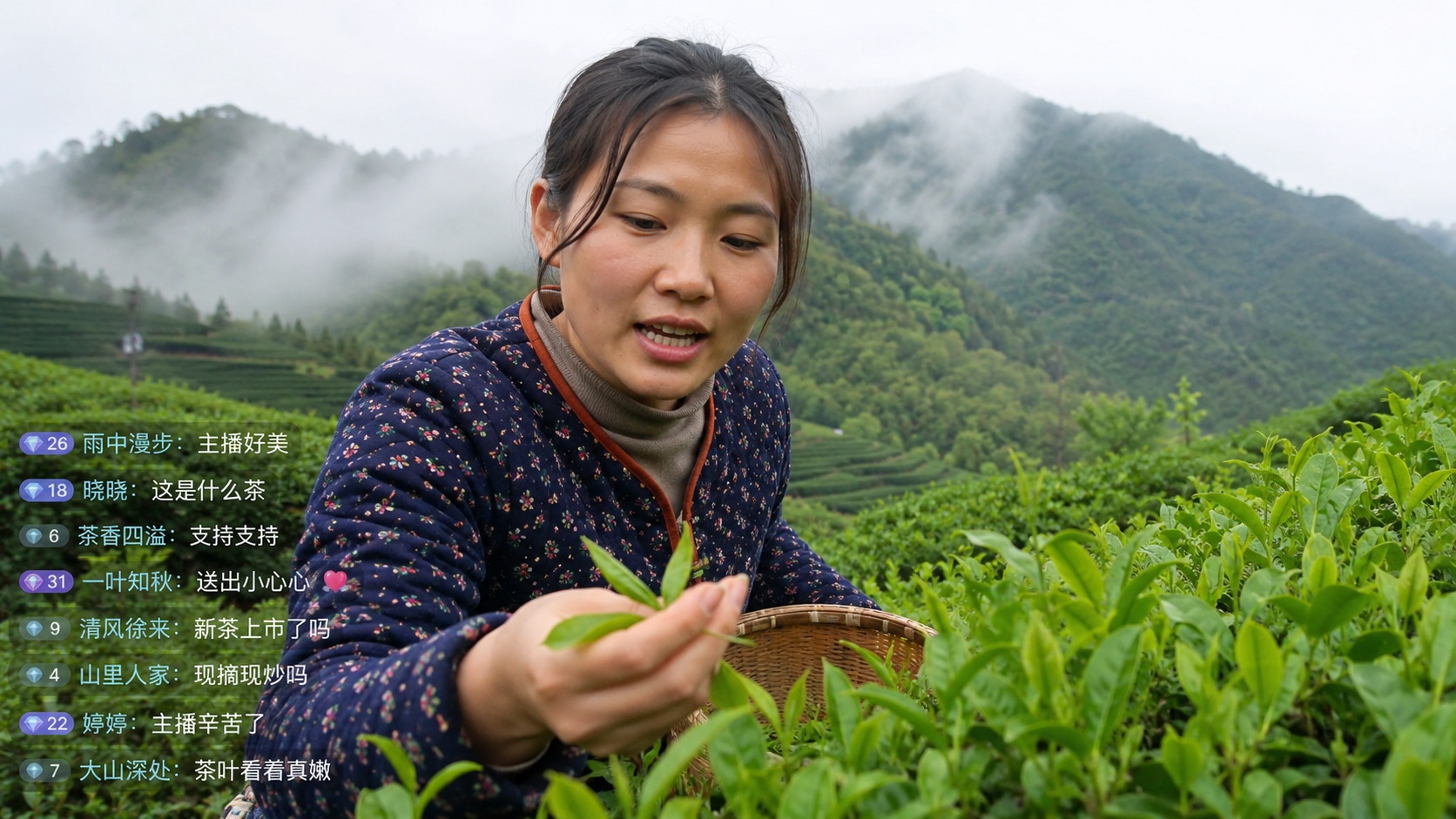 A livestreamer broadcasting live from a tea farm in Fujian province, showing the natural environment and harvesting process to viewers.