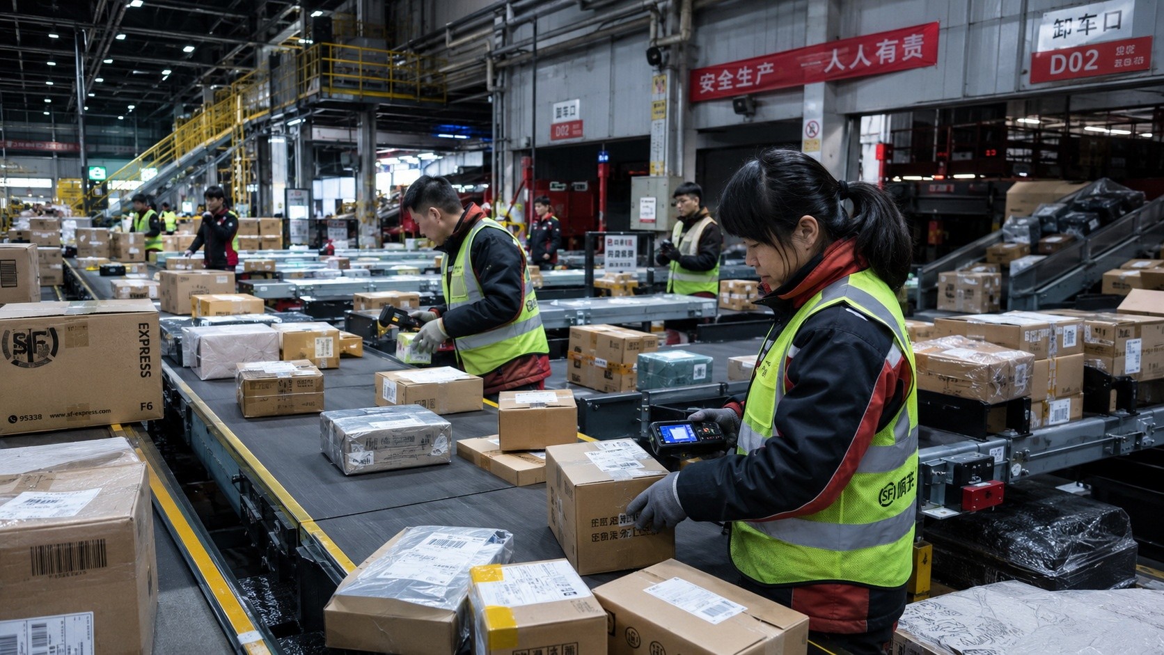Busy workers processing packages in a high-tech Chinese logistics warehouse, illustrating the infrastructure behind fast e-commerce delivery.