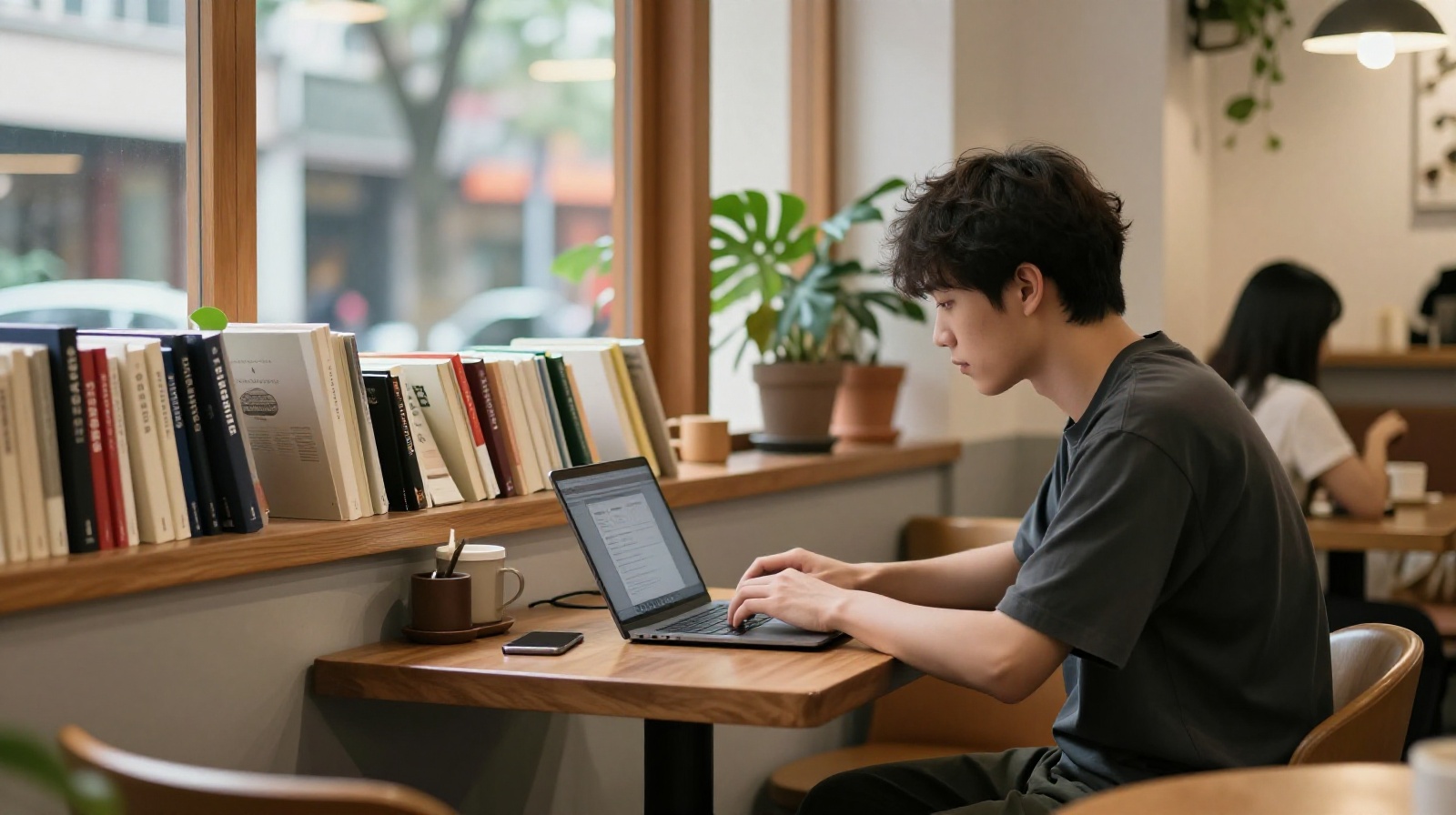 A remote worker using a laptop in a local Chinese coffee shop, illustrating the third-place culture for digital nomads