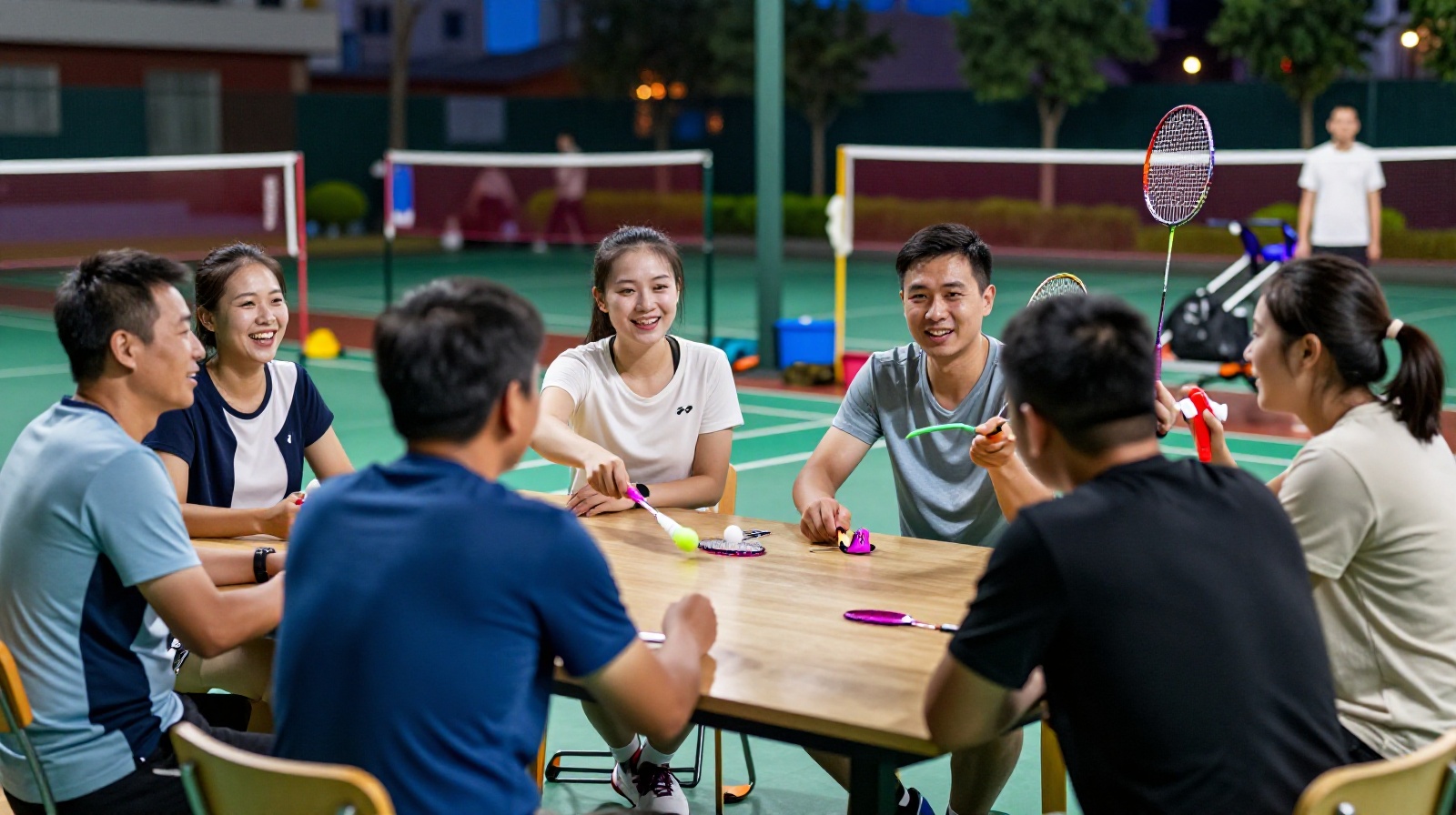 Foreign and local residents socializing after a badminton game, showing real cultural integration