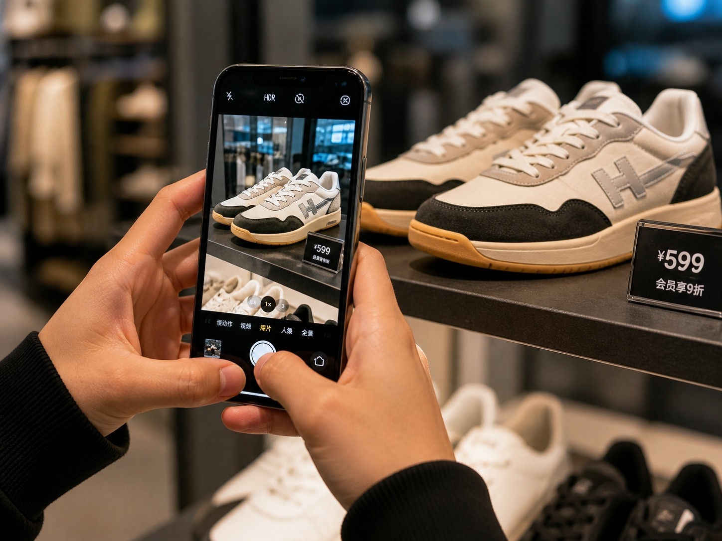 Customer using a mobile app to take a picture of sneakers in a clothing store for product search.