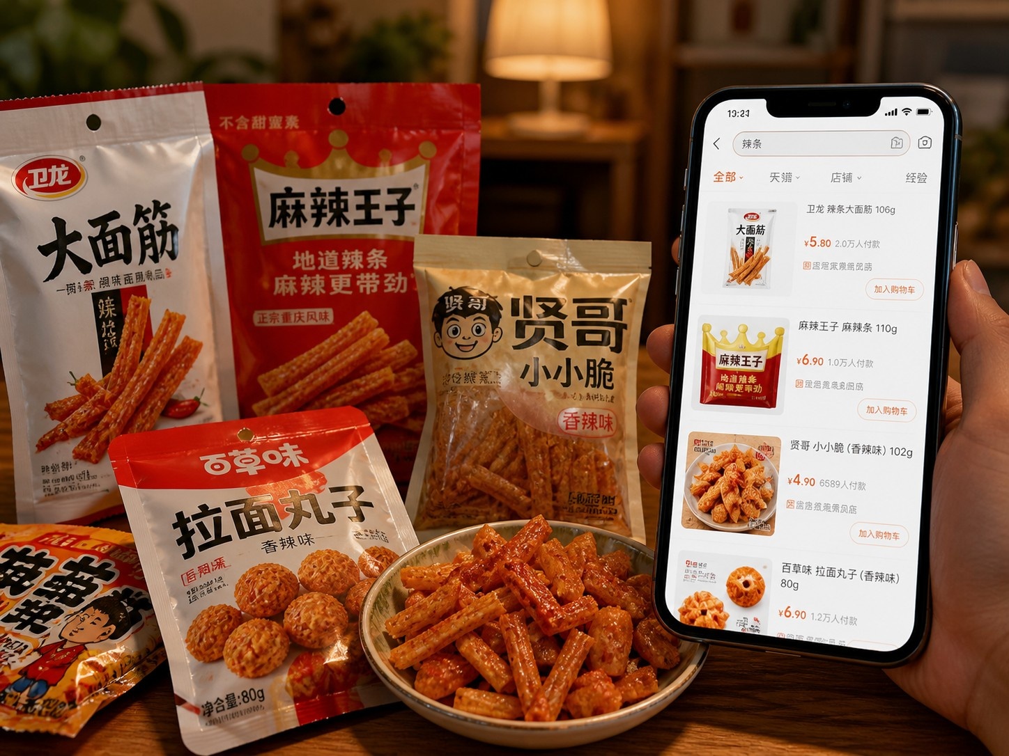 Smartphone screen showing image search results for a specific Chinese snack package on a dining table.