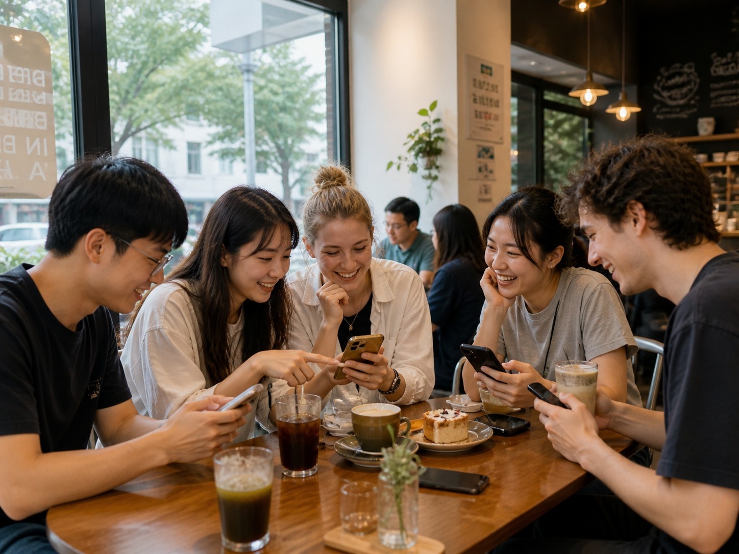 Group of friends using smartphones to shop online in a modern cafe.