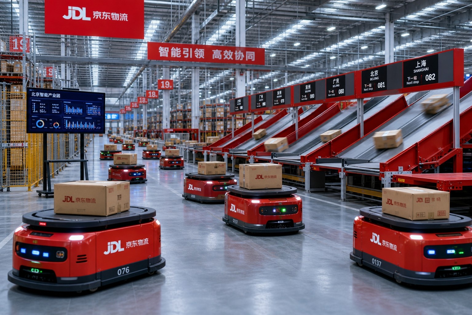 Inside a JD.com automated logistics warehouse showing efficient package sorting robots.