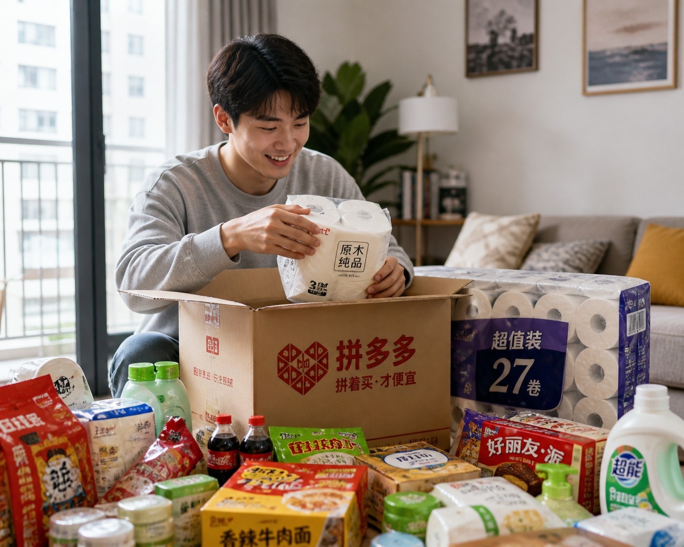 A consumer unpacking bulk daily essentials purchased from Pinduoduo at home.