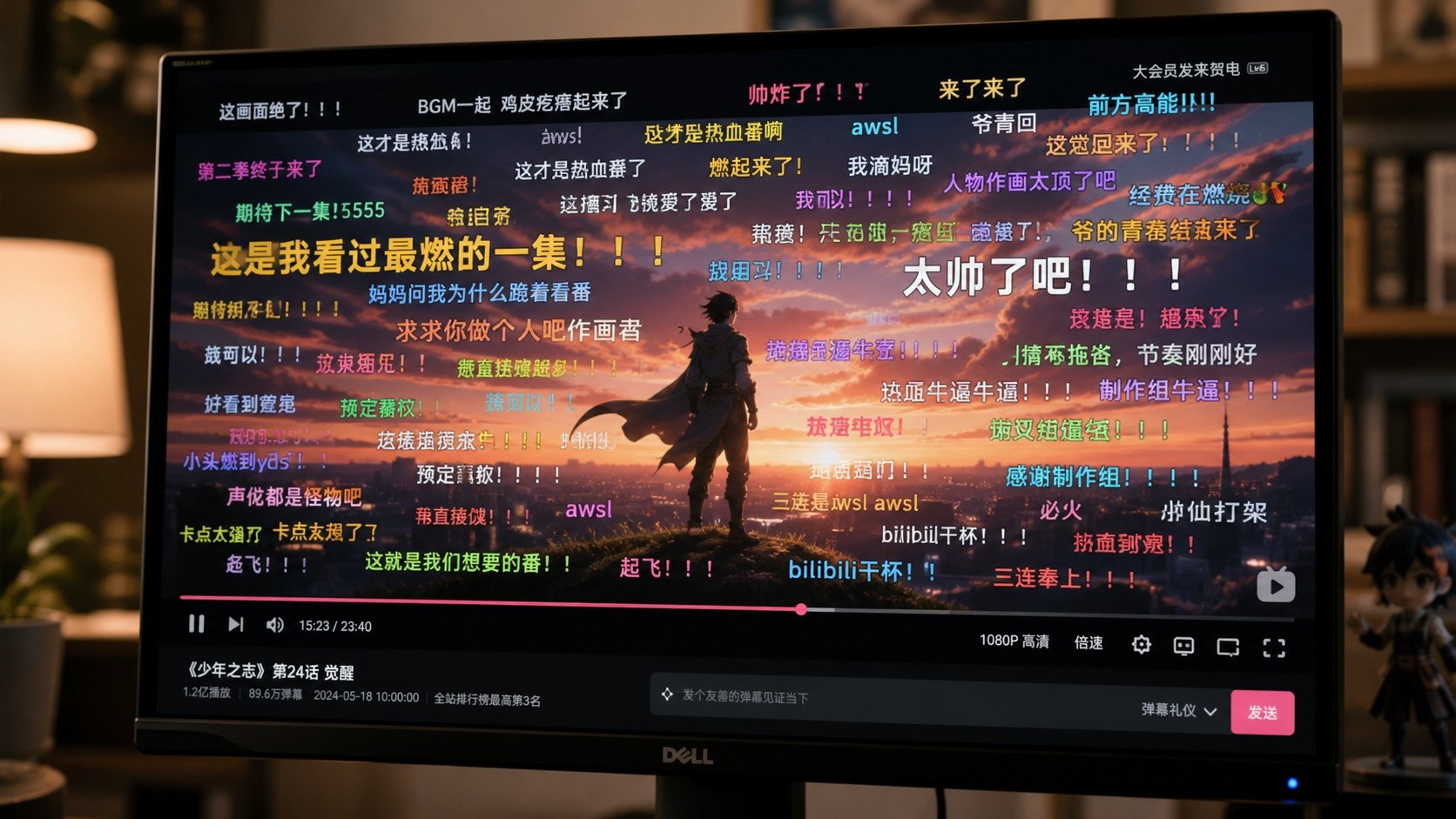 Close-up view of Bilibili's danmaku feature showing colorful bullet comments scrolling across a video player screen