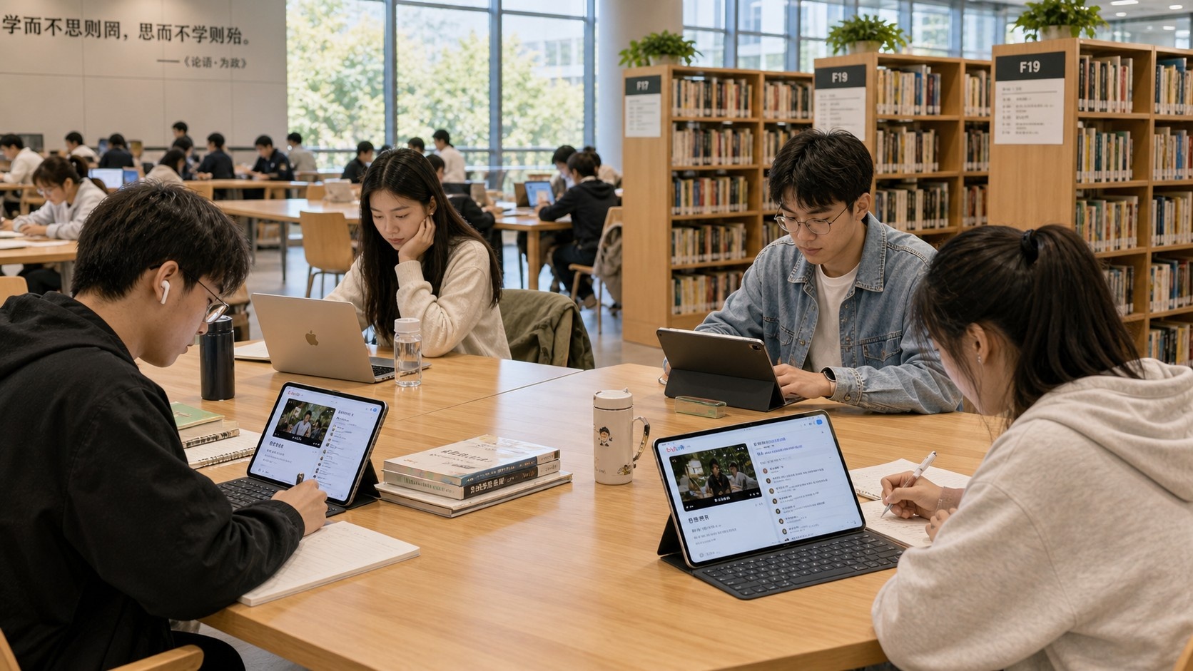 Chinese students using Bilibili for learning in a modern university library setting