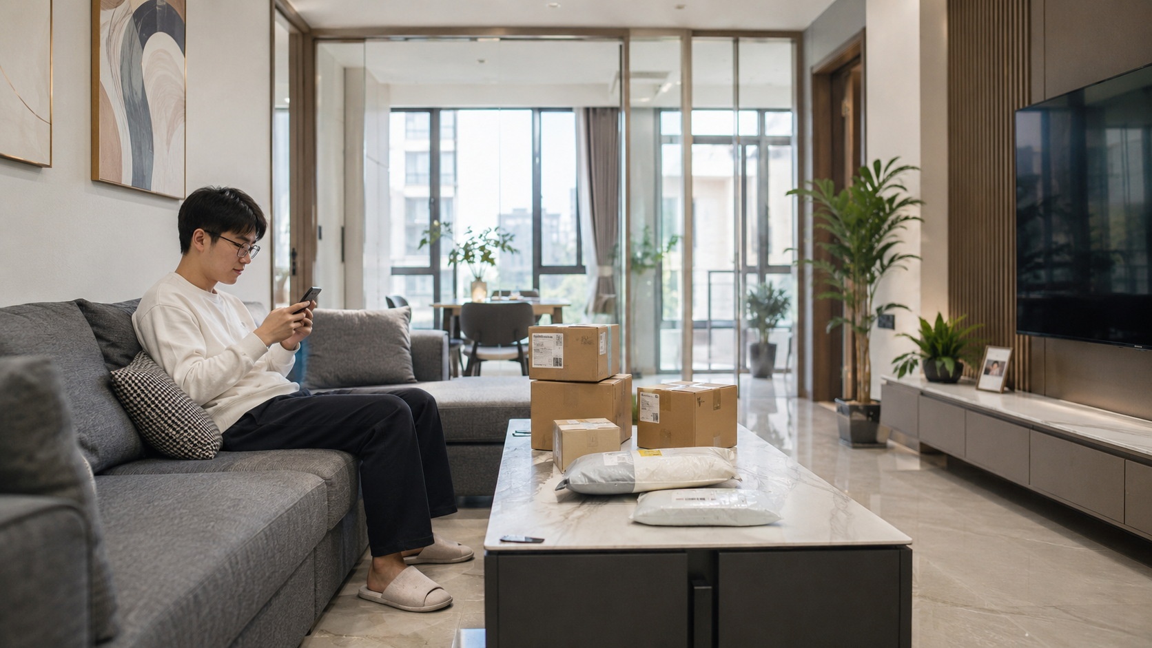 Person relaxing on a sofa in a modern apartment with delivery packages nearby, illustrating the convenience of online shopping